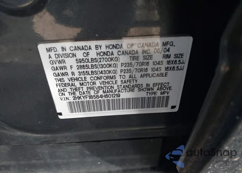 2004 Honda Pilot Ex-L from USA, damaged, VIN 2HKYF18584H601219